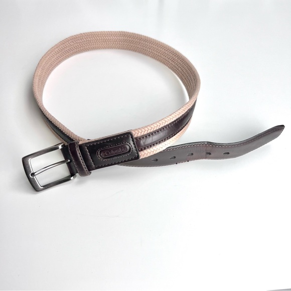Columbia Belt Brown Leather Trim Tan Braided Silver Toned Buckle EUC Mens Preppy - Picture 3 of 8